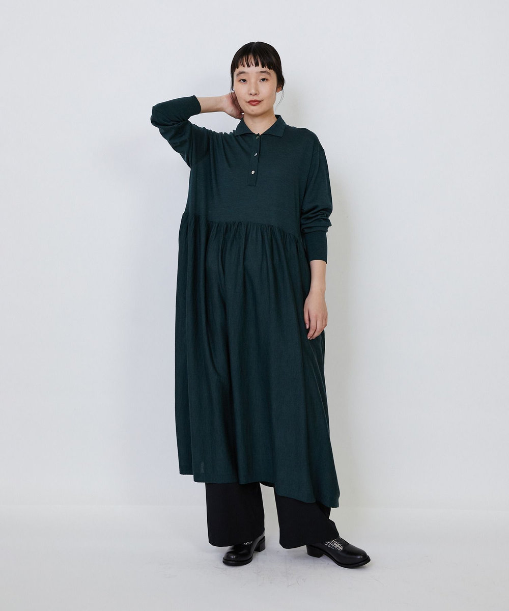 LOISIR ウール梳毛天竺ポロワンピース グリーン