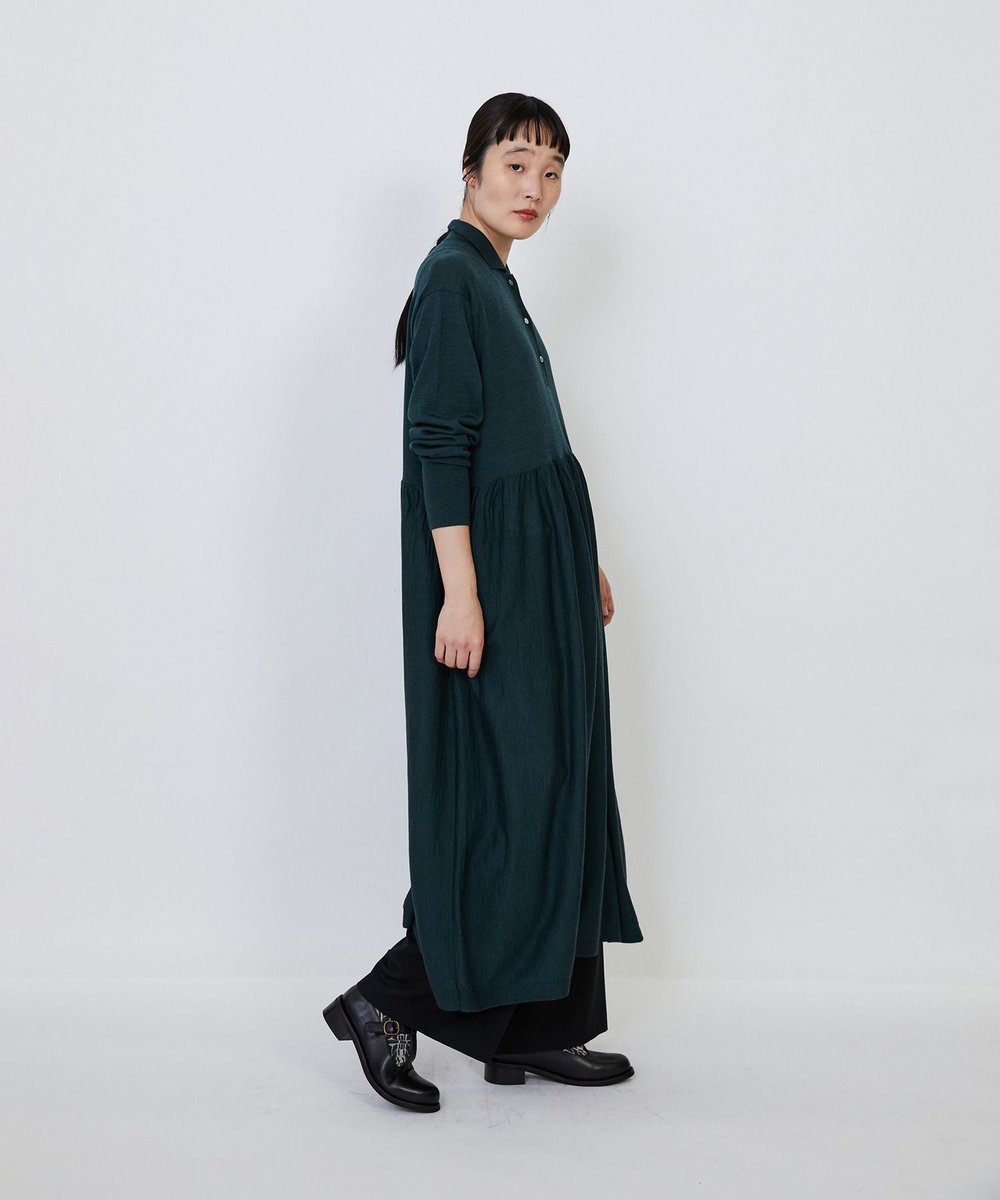 LOISIR ウール梳毛天竺ポロワンピース グリーン