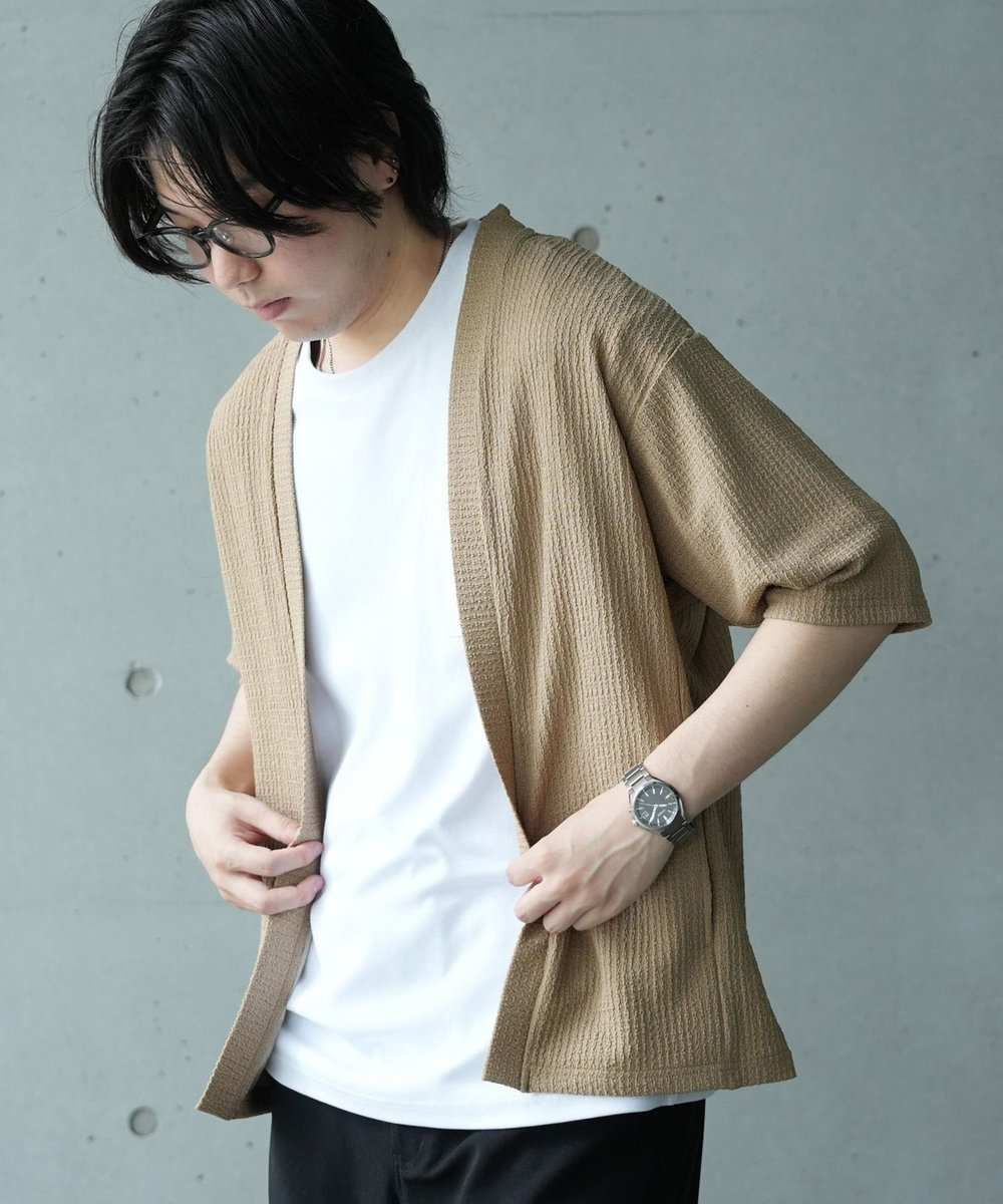 UNION STATION *WEB限定 シアー ジャガード 5分袖 ボタンレスカーディガン ベージュ