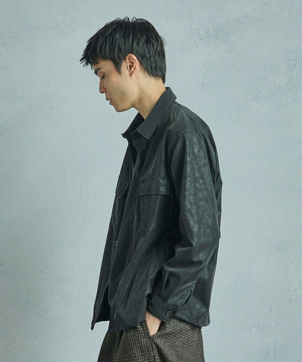 MEN'S BIGI フェイクレザーCPOシャツ ブラック