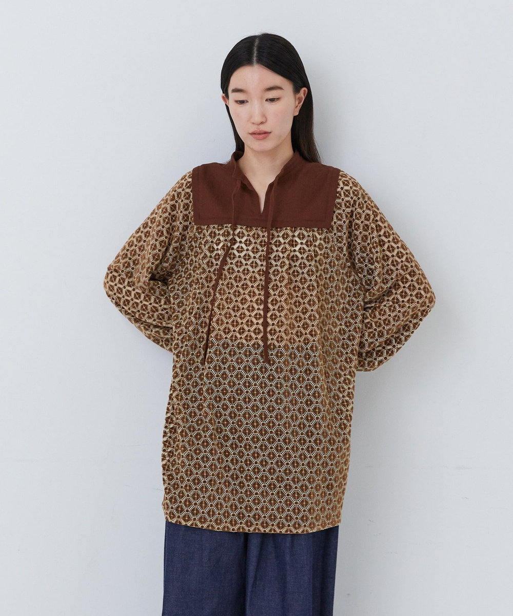 congés payés ADIEU TRISTESSE モールレース刺繍チュニック ブラウン