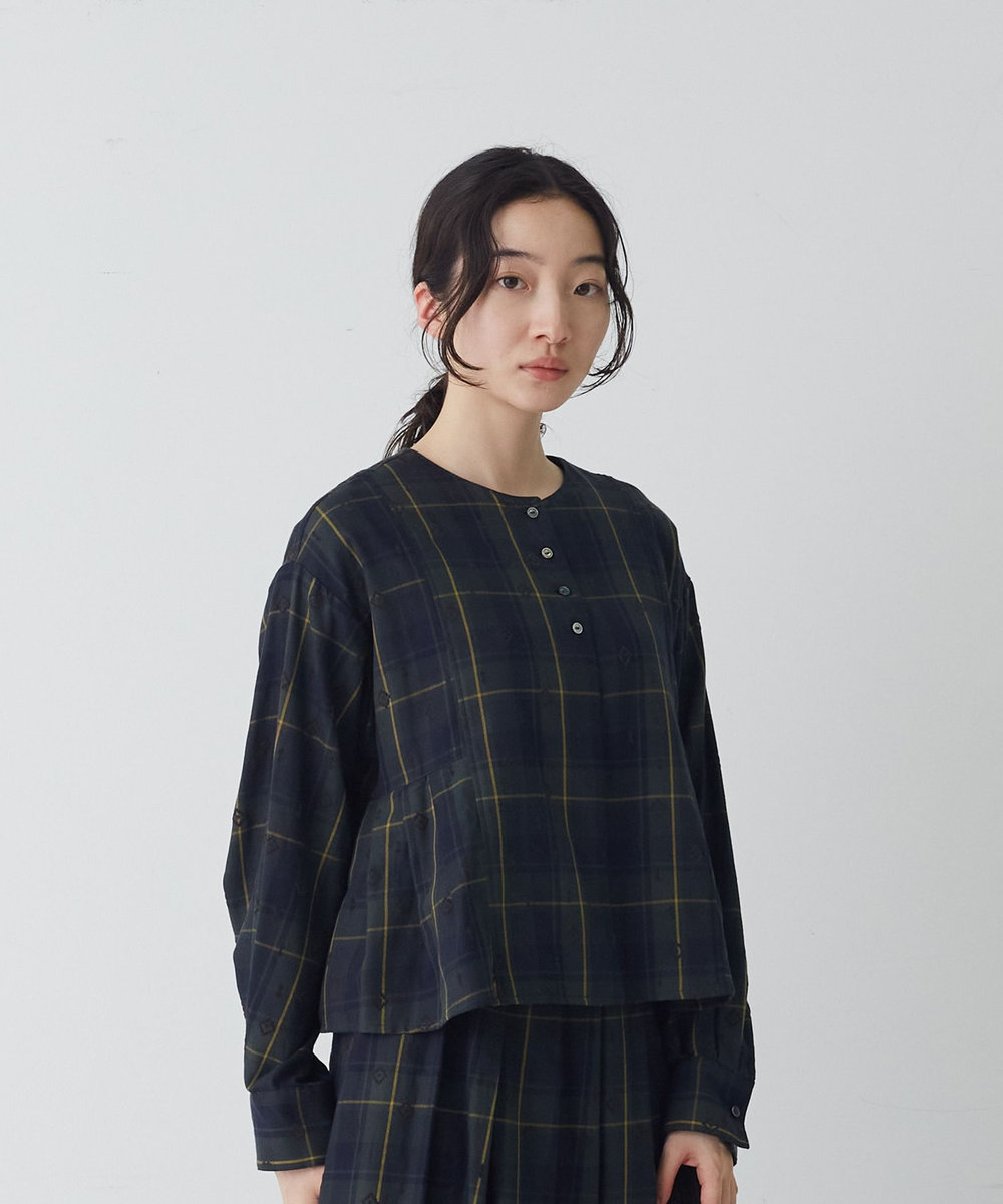 congés payés ADIEU TRISTESSE フロッキープリントチェックブラウス グリーン系その他