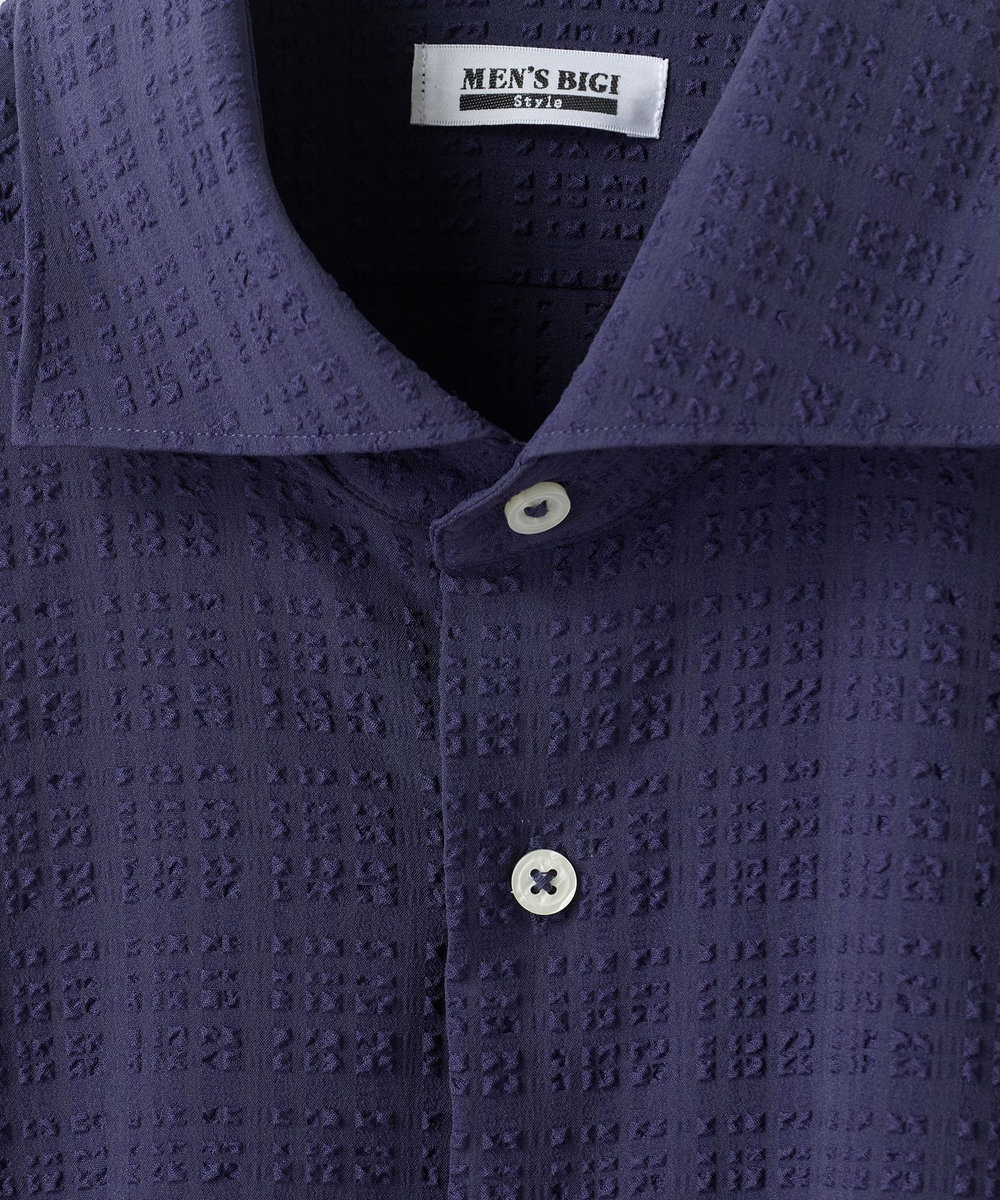 MEN'S BIGI ブロックサッカー カジュアルシャツ＜ストレッチ＞ ネイビー