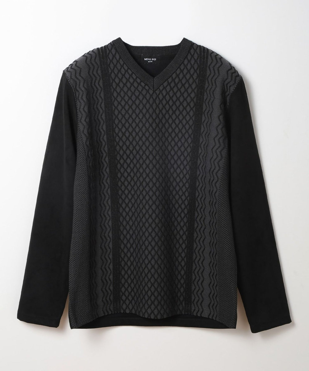 MEN'S BIGI ニット×フェイクスエードVネックカットソー ブラック