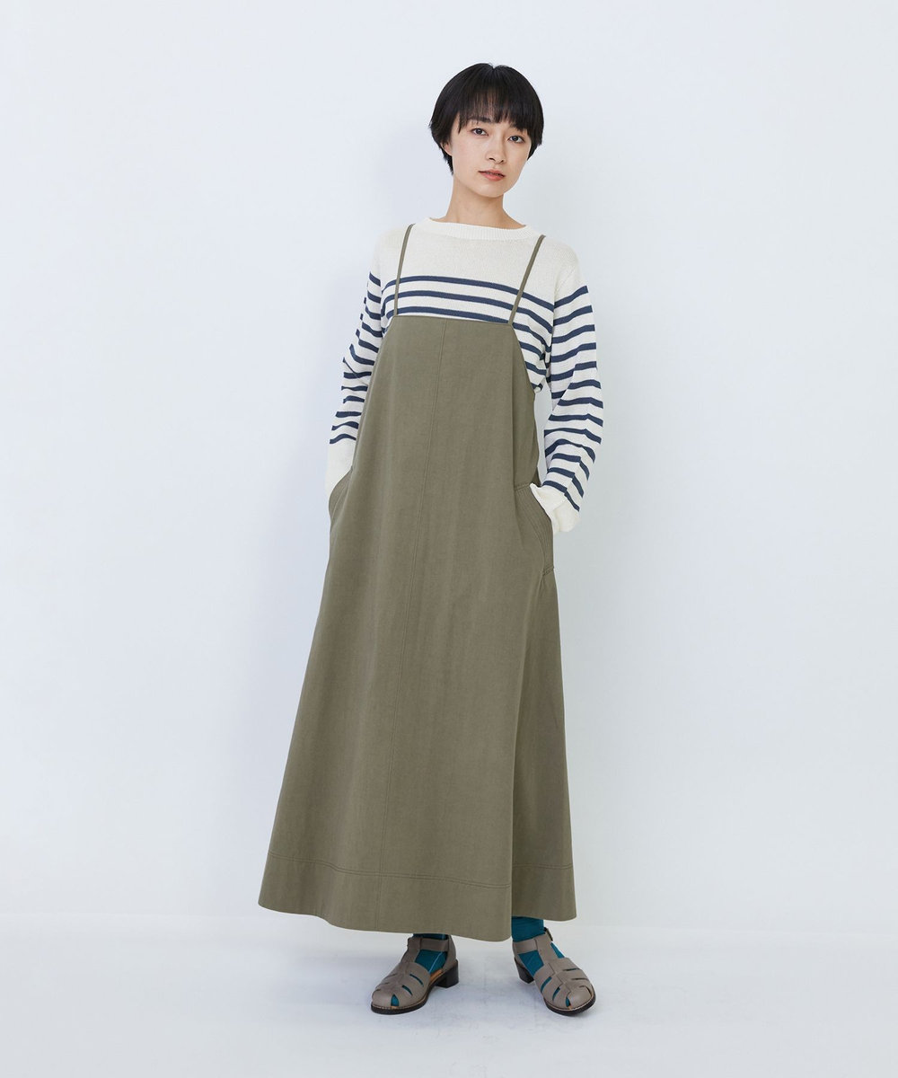 LOISIR 【MTサイズ有り】コットンツイルエプロンワンピース カーキ