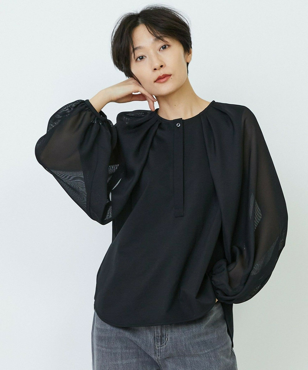 feerique feerique メッシュ×ジャージドッキングブラウス ブラック