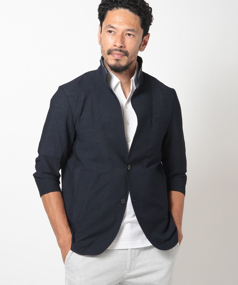 MEN'S BIGI 格子柄サッカースタンドカラーカーディガン ネイビー