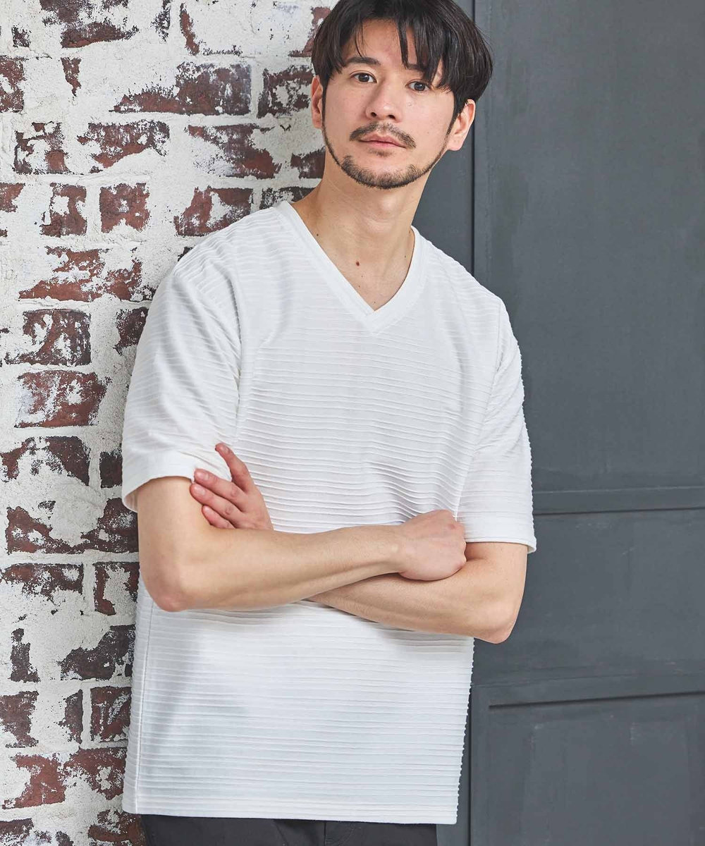 UNION STATION タックジャガードVネックTシャツ ホワイト