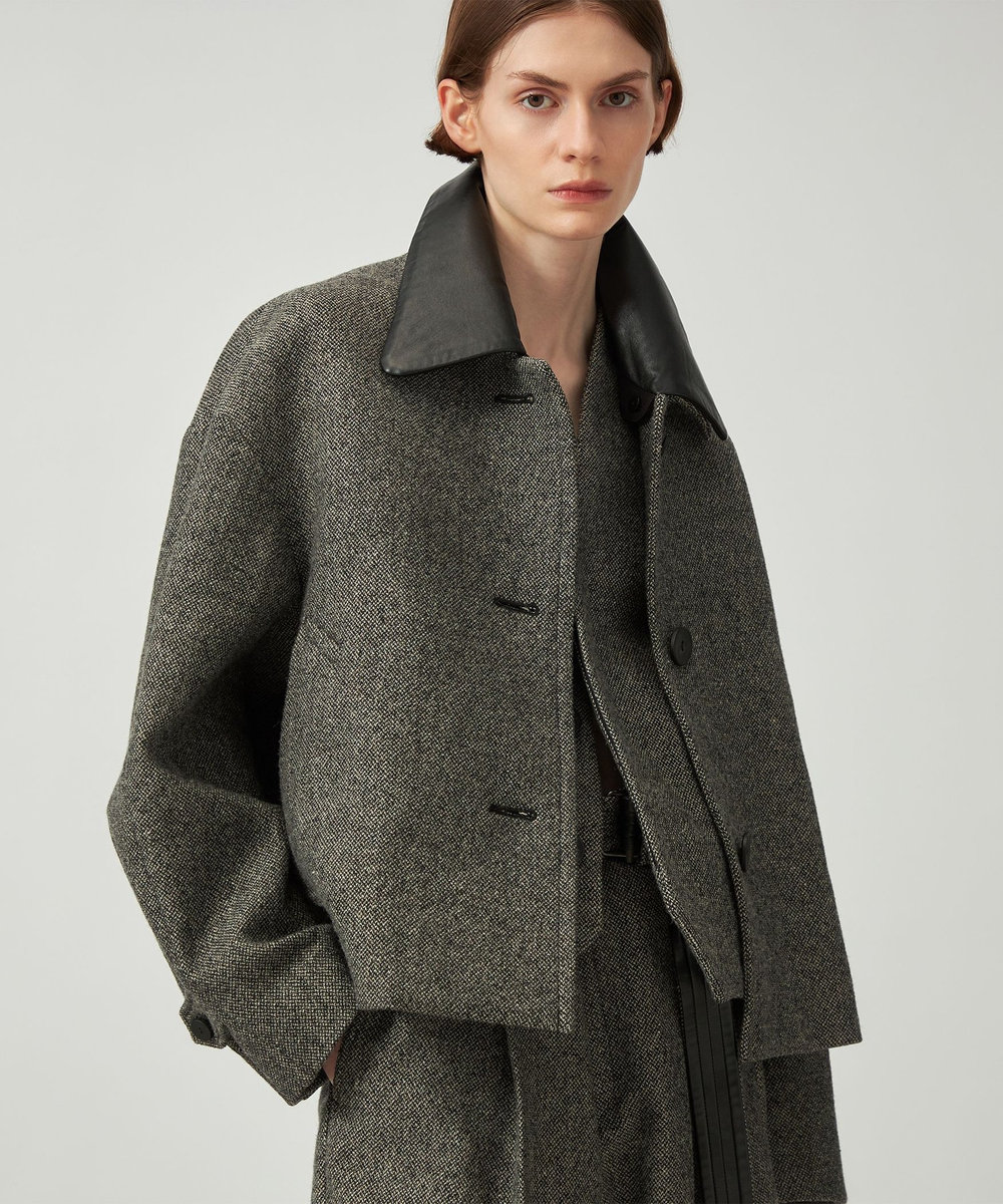 DÉPAREILLÉ WOOL SLUB LEATHER COLLAR BLOUSON / ウールスラブレザーカラーブルゾン グレー