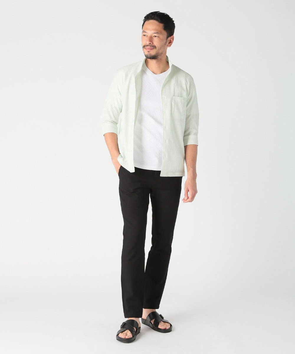 MEN'S BIGI カラミ織風サッカー七分袖スタンドカラーシャツ<ストレッチ/通気性> グリーン系その他