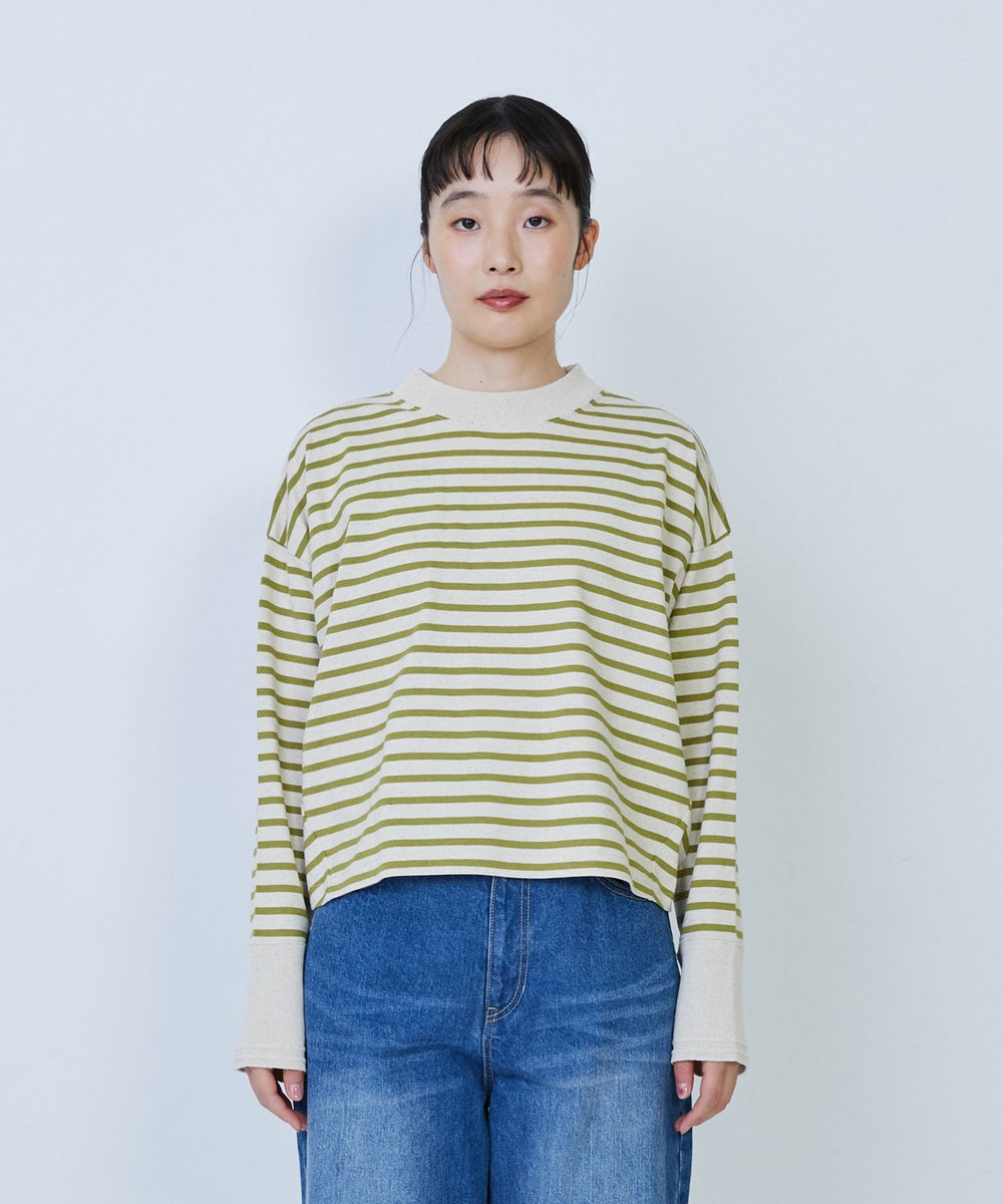 LOISIR 綿麻天竺モックネックショートプルオーバー グリーン系その他