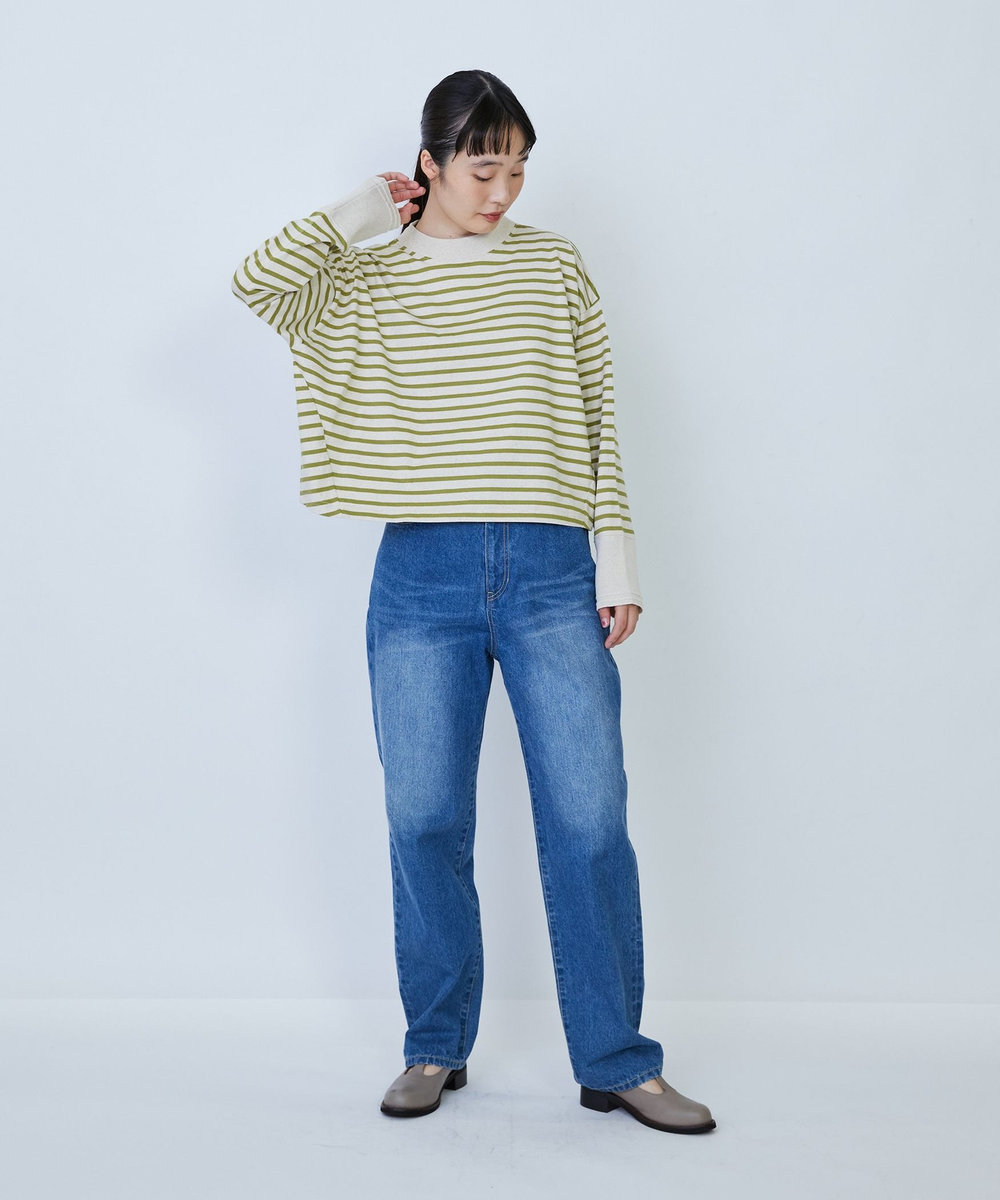 LOISIR 綿麻天竺モックネックショートプルオーバー グリーン系その他
