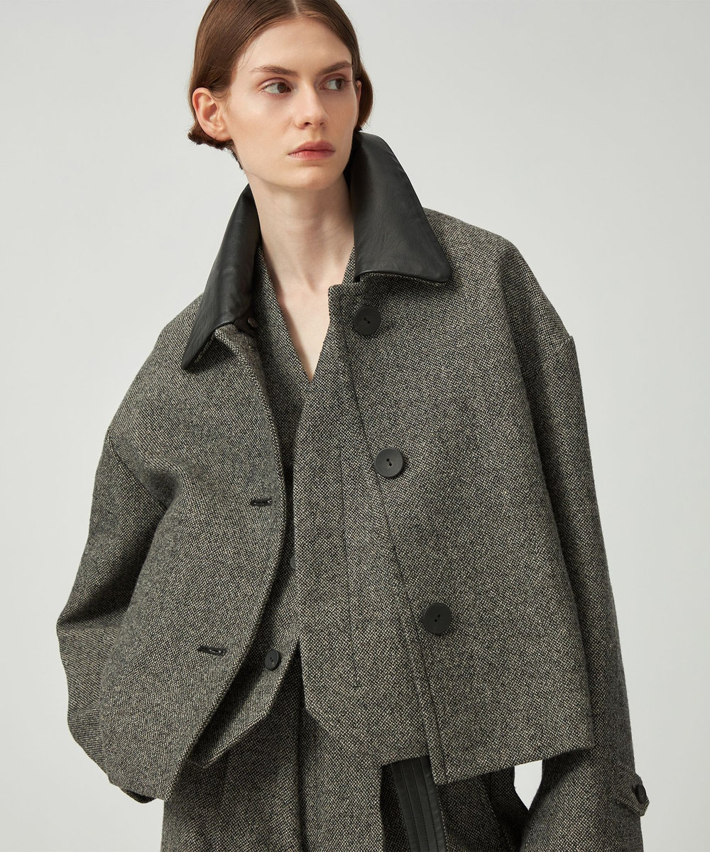 DÉPAREILLÉ WOOL SLUB LEATHER COLLAR BLOUSON / ウールスラブレザーカラーブルゾン グレー