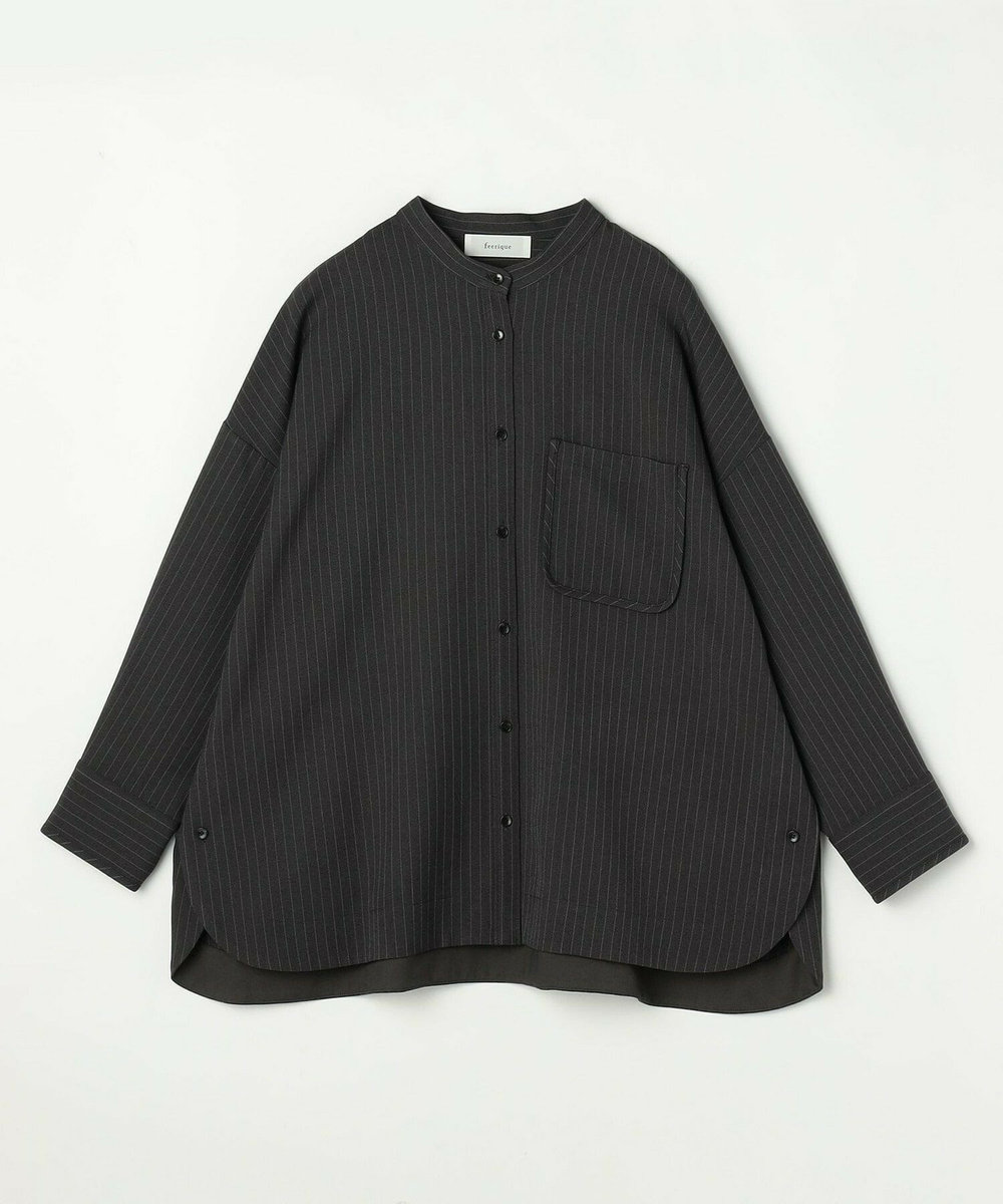 feerique Lサイズ（大きいサイズ） 【大きいサイズ】feerique ウールライクストライプオーバーサイズシャツ チャコールグレー