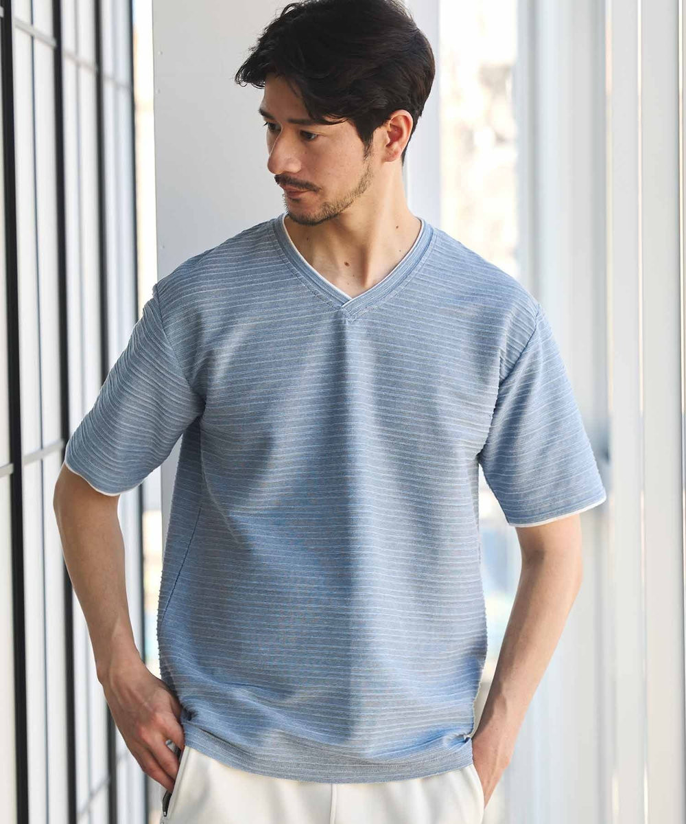 UNION STATION タックジャガードVネックTシャツ ライトブルー