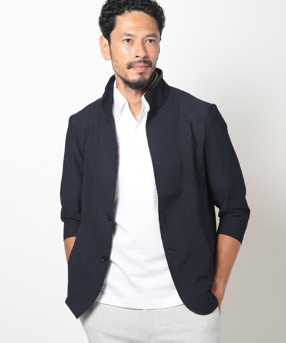 MEN'S BIGI 格子柄サッカースタンドカラーカーディガン ネイビー