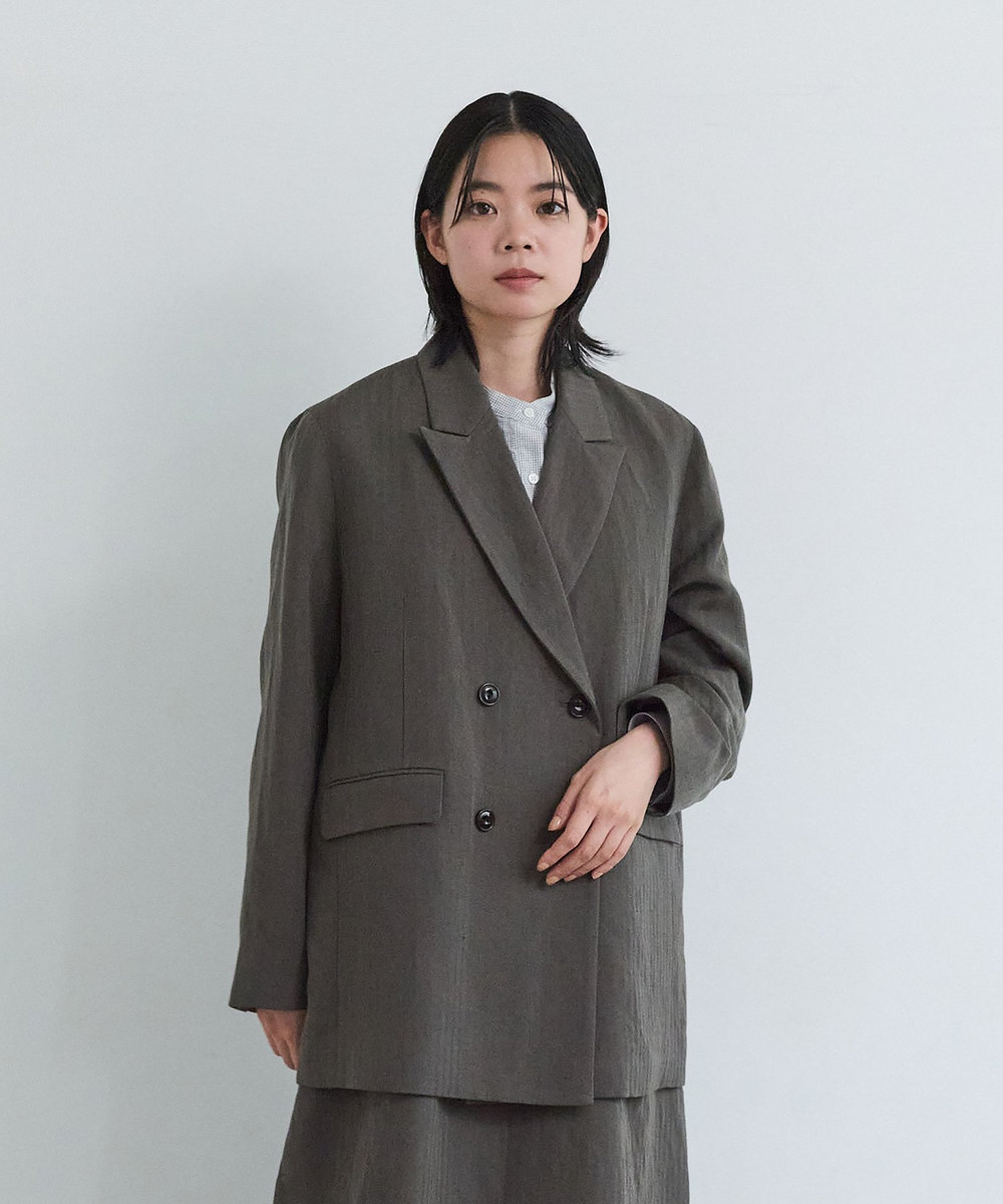 LOISIR ウールリネンヘリンボーンダブルブレストジャケット キャメル