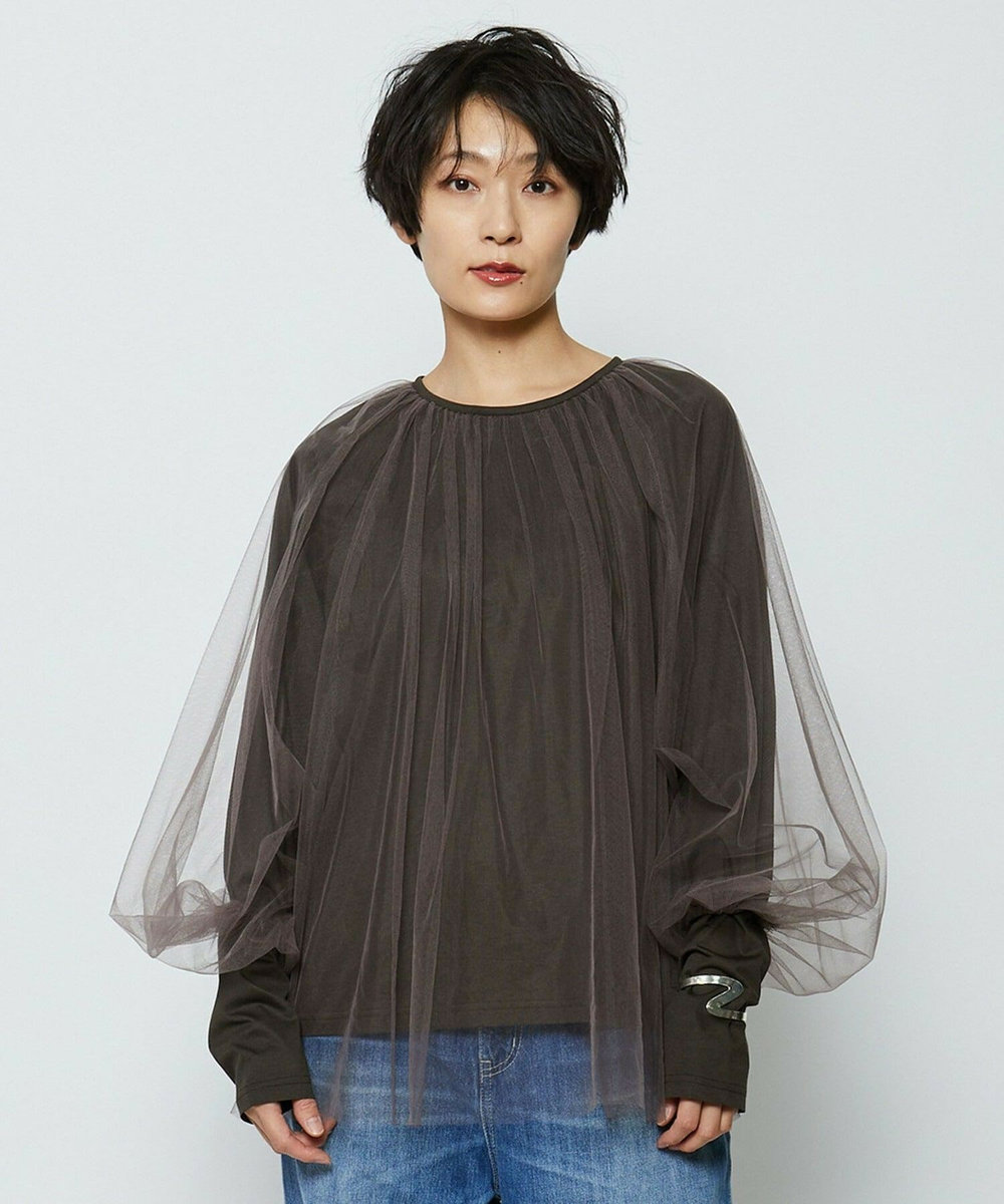 feerique ソフトチュール×天竺ドッキングプルオーバー ブラウン