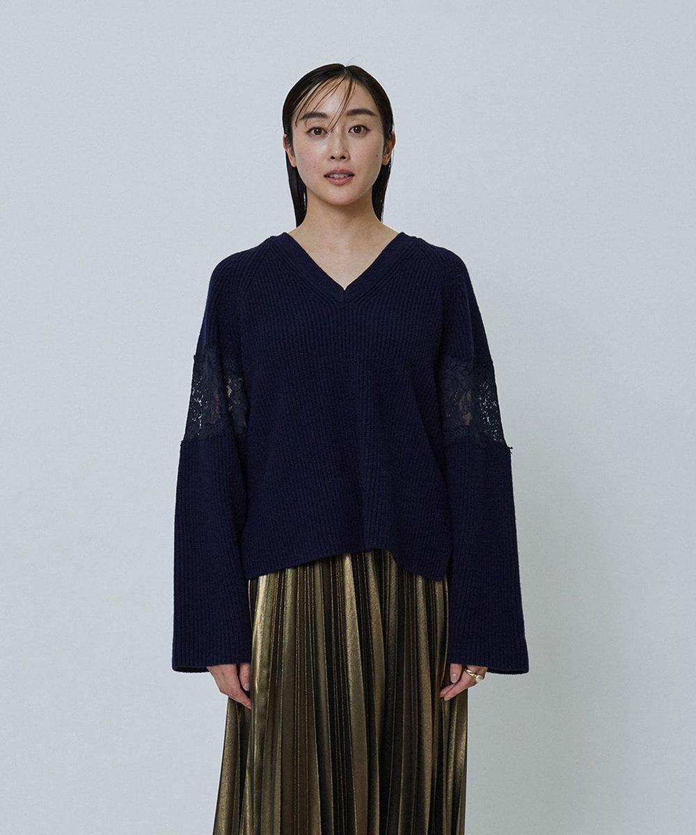 1er Arrondissement レース畦Ｖネックプルオーバー ネイビー