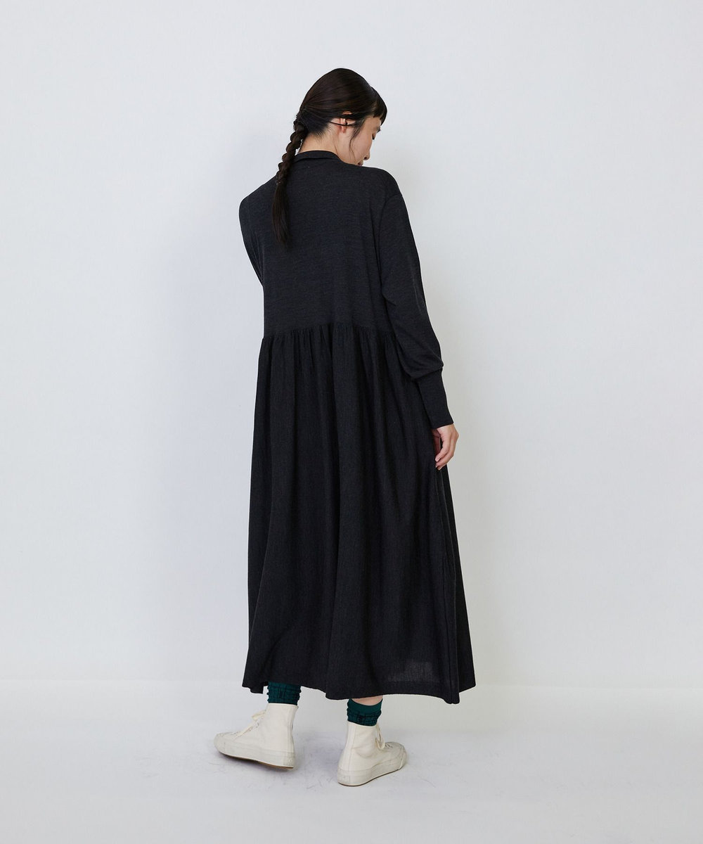 LOISIR ウール梳毛天竺ポロワンピース チャコールグレー