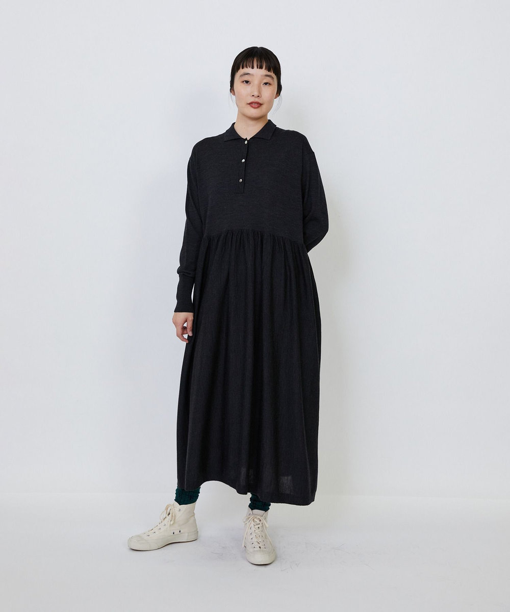 LOISIR ウール梳毛天竺ポロワンピース チャコールグレー