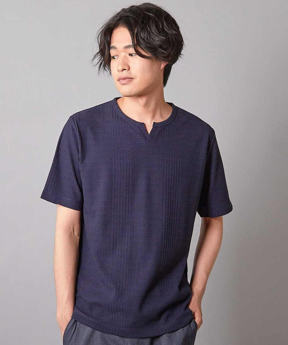 UNION STATION リンクスジャガード キーネックTシャツ ネイビー