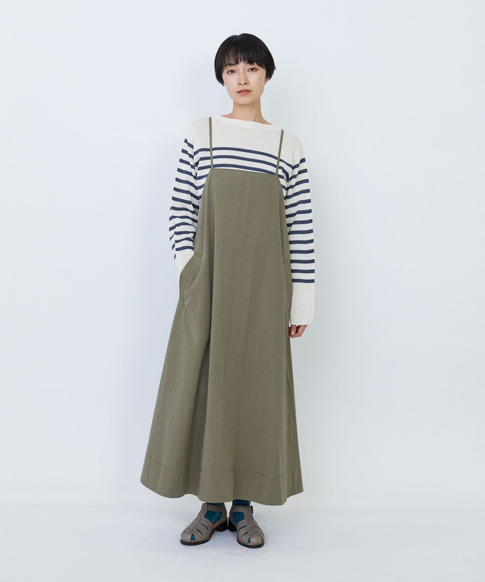 LOISIR 【MTサイズ有り】コットンツイルエプロンワンピース カーキ