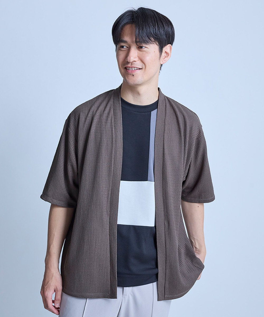 UNION STATION 【WEB限定】シア―5分袖ボタンレスカーディガン＜ストレッチ・ハンドウォッシャブル・接触冷感・通気性＞ ブラウン