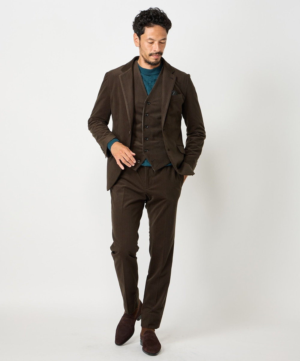 MEN'S BIGI トリコットコーデュロイ千鳥格子プリントスラックスパンツ＜セットアップ対応＞ ブラウン