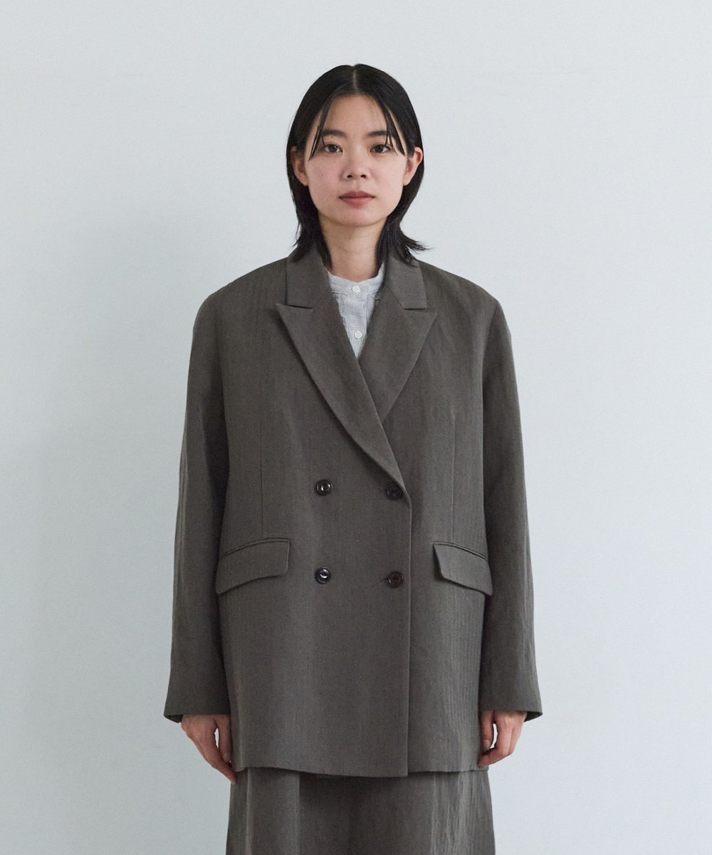 LOISIR ウールリネンヘリンボーンダブルブレストジャケット キャメル