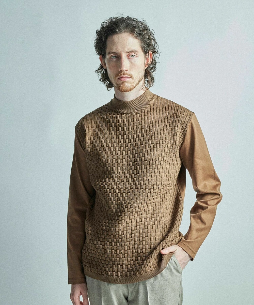 MEN'S BIGI ニットコンビ モックネック長袖Tシャツ ブラウン