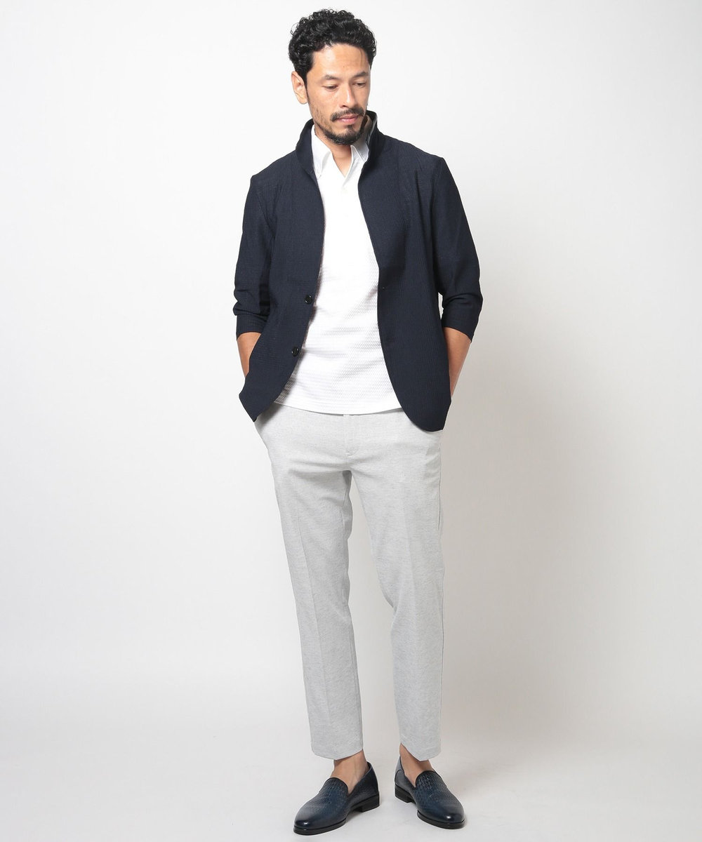MEN'S BIGI 格子柄サッカースタンドカラーカーディガン ネイビー