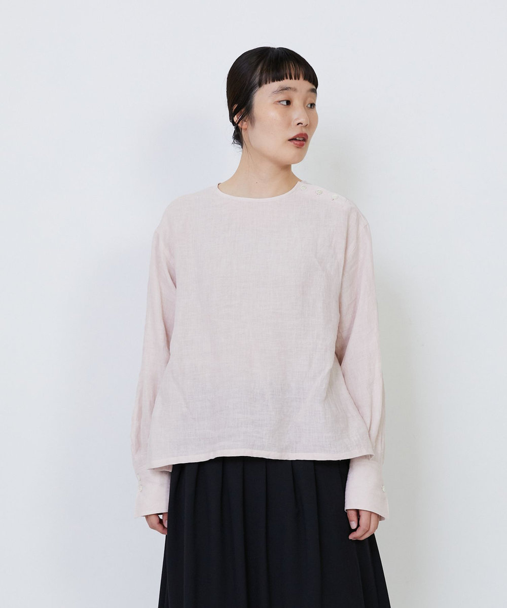 LOISIR グランジリネン肩ボタンショートブラウス ピンク