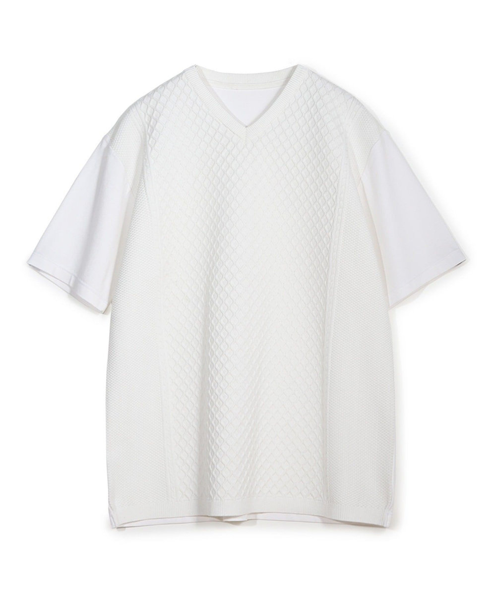 MEN'S BIGI サマーニットコンビVネック半袖Tシャツ グレー