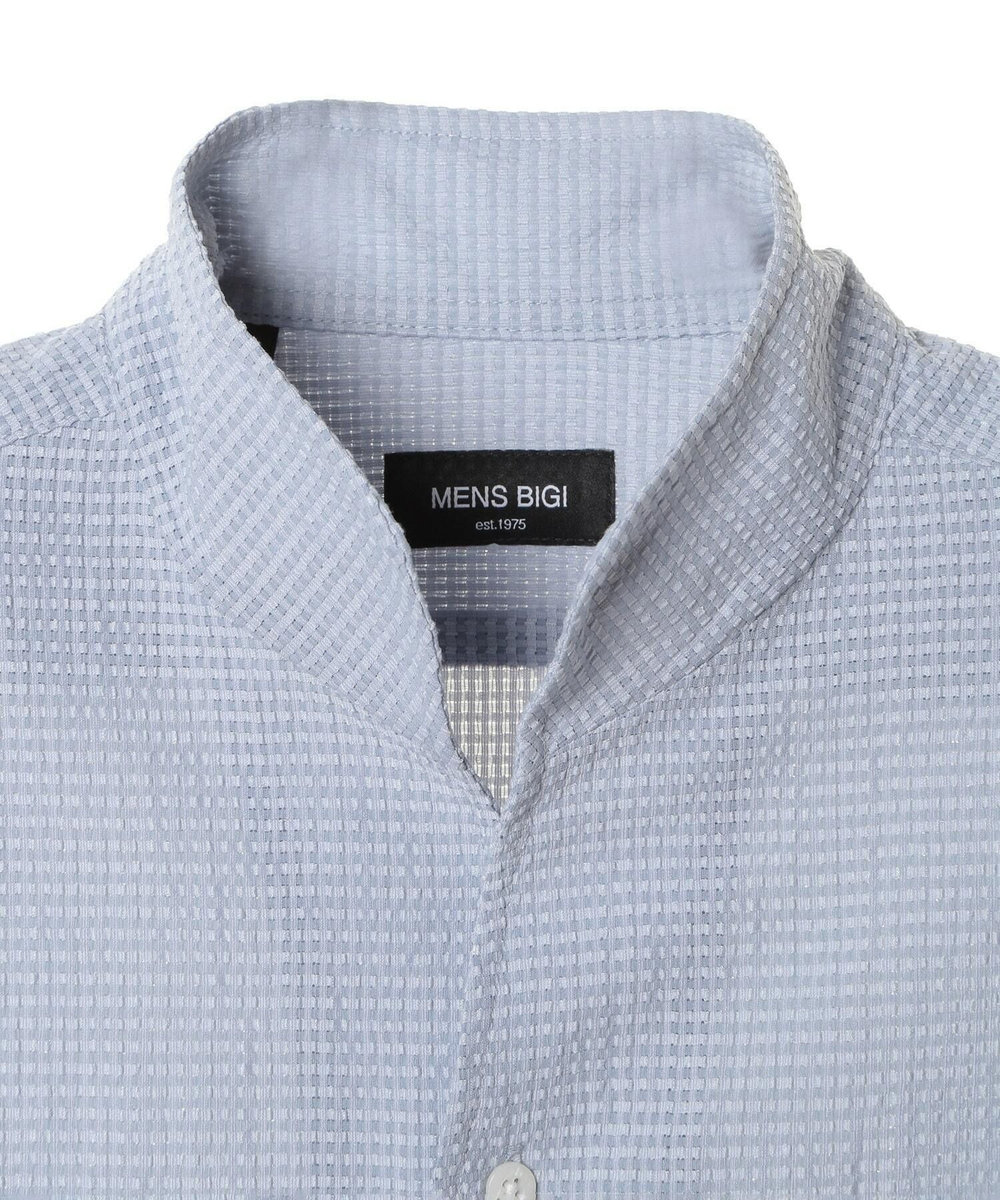 MEN'S BIGI カラミ織風サッカー七分袖スタンドカラーシャツ<ストレッチ/通気性> サックスブルー