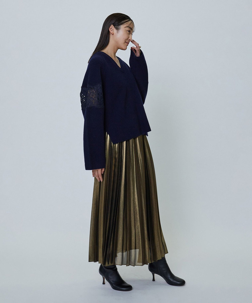 1er Arrondissement レース畦Ｖネックプルオーバー ネイビー