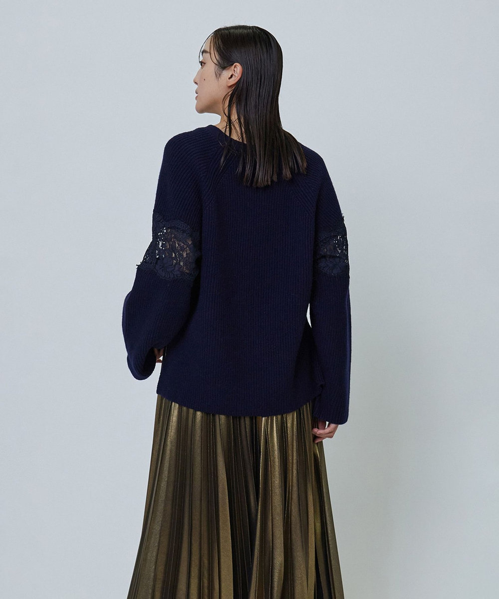 1er Arrondissement レース畦Ｖネックプルオーバー ネイビー