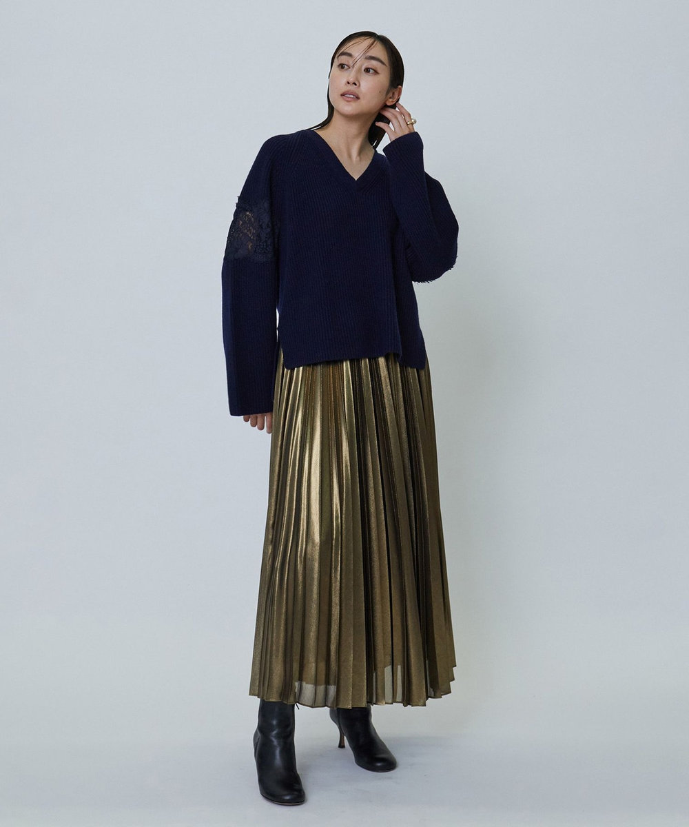 1er Arrondissement レース畦Ｖネックプルオーバー ネイビー