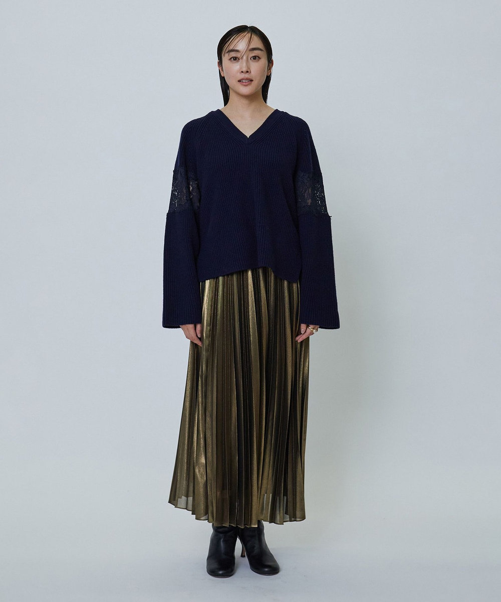1er Arrondissement レース畦Ｖネックプルオーバー ネイビー