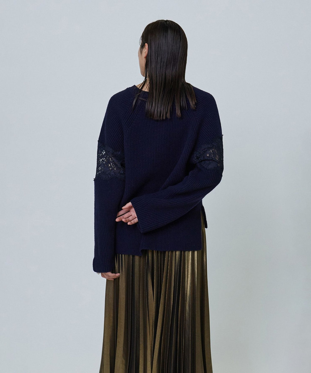 1er Arrondissement レース畦Ｖネックプルオーバー ネイビー