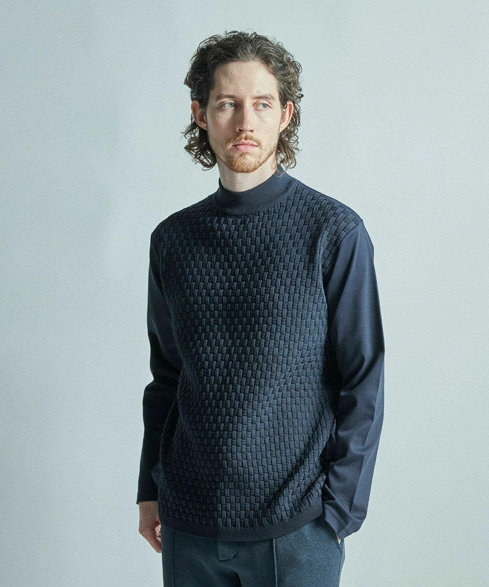MEN'S BIGI ニットコンビ モックネック長袖Tシャツ ネイビー