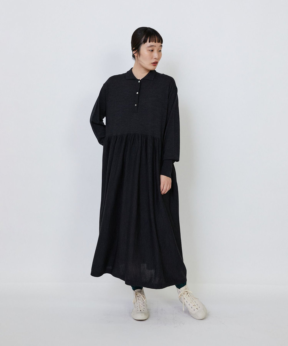 LOISIR ウール梳毛天竺ポロワンピース チャコールグレー