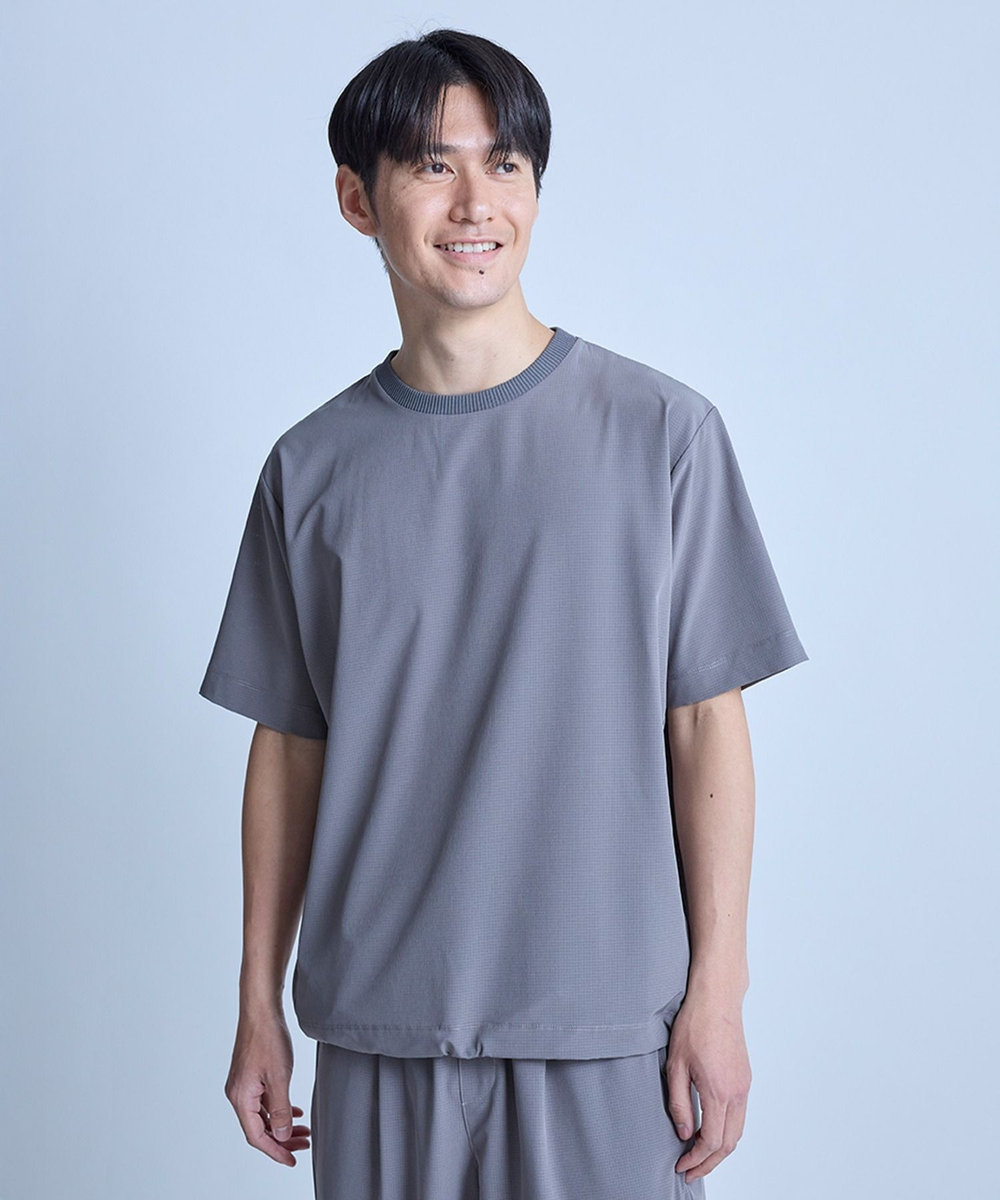 UNION STATION ドットメッシュドローコードTシャツ〈ストレッチ・マシンウォッシャブル・軽量・接触冷感・通気性〉 グレー