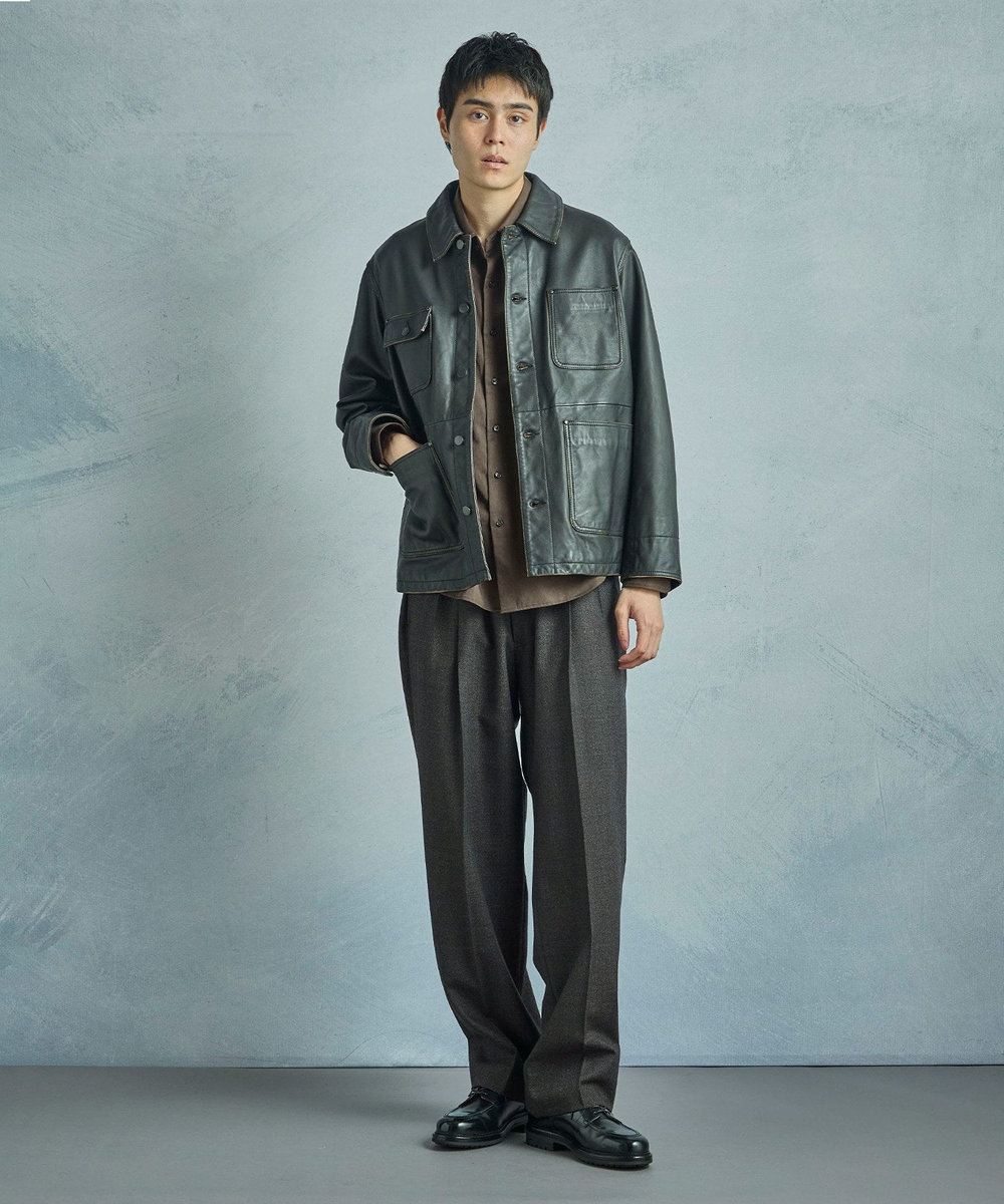 MEN'S BIGI メランジウール 2タックテーパードワイドパンツ ブラウン