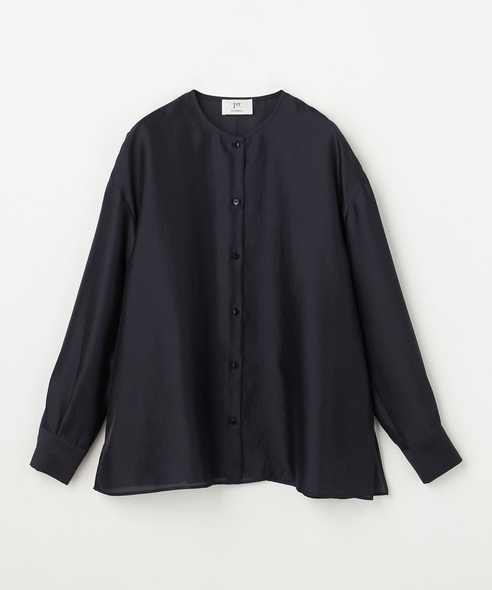 1er Arrondissement シルクライクノーカラーブラウス ネイビー
