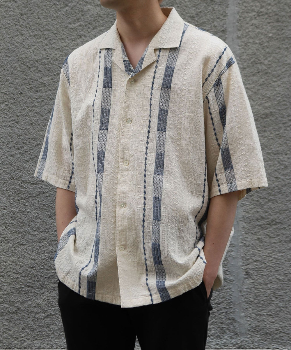 MEN'S BIGI 総柄刺繍オープンカラー半袖シャツ ホワイト