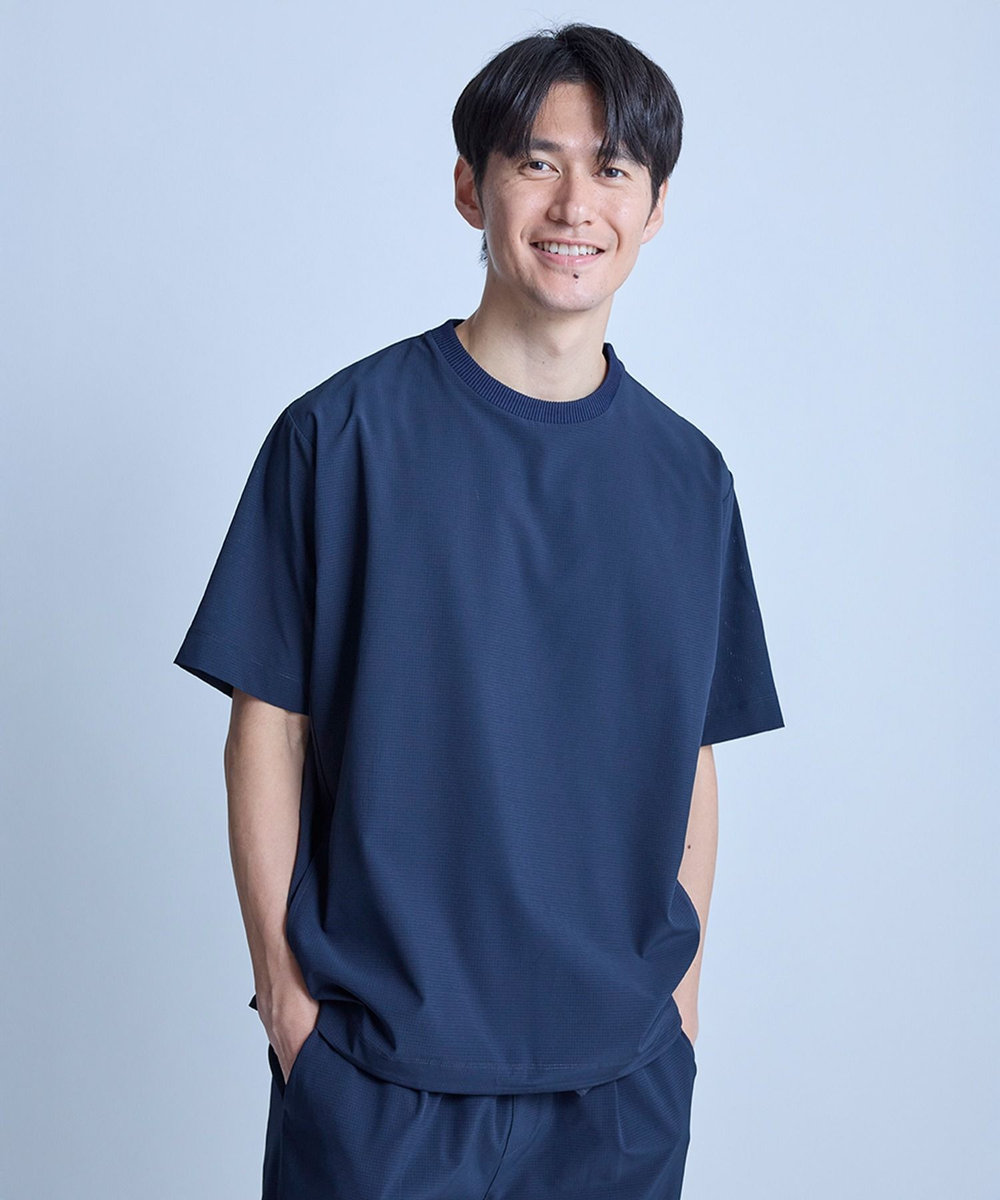 UNION STATION ドットメッシュドローコードTシャツ〈ストレッチ・マシンウォッシャブル・軽量・接触冷感・通気性〉 ネイビー