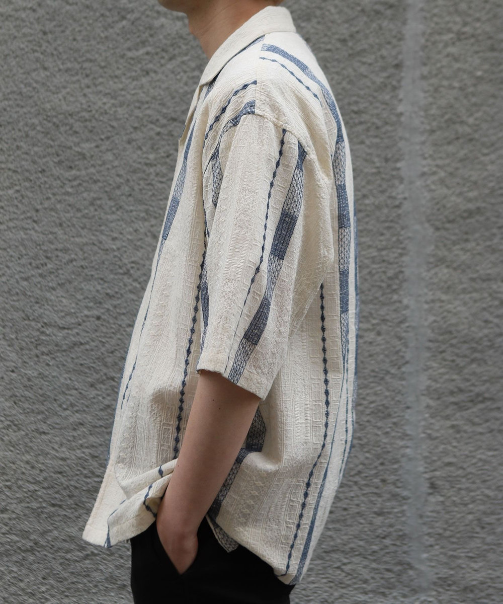 MEN'S BIGI 総柄刺繍オープンカラー半袖シャツ ホワイト