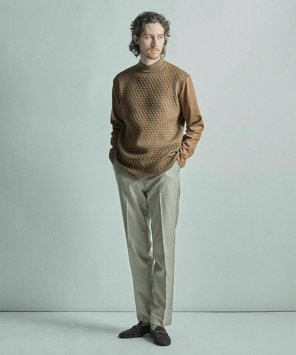 MEN'S BIGI ニットコンビ モックネック長袖Tシャツ ブラウン