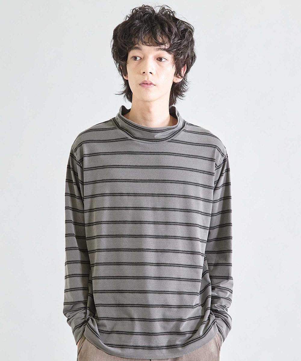 UNION STATION フェードジャガードボーダー モックネックTシャツ ブラック